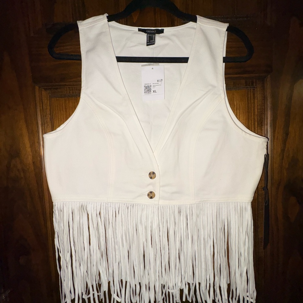 Forever 21 Cream Fringe Buttoned Vest